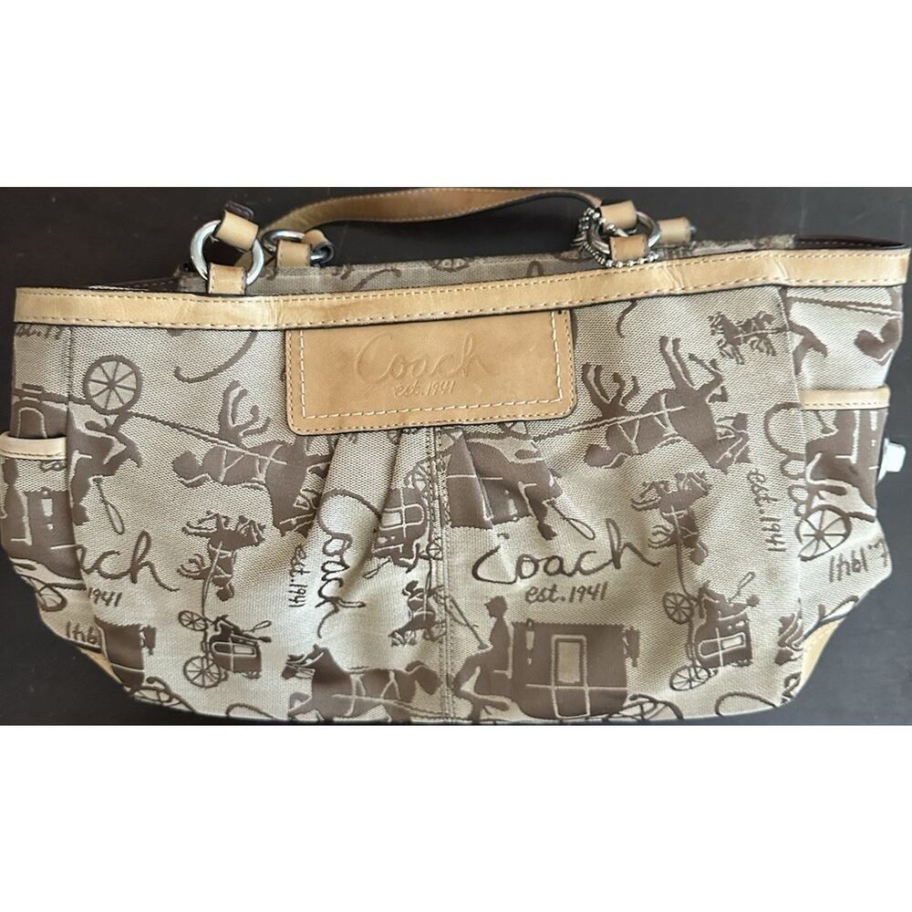 VTG Coach Beige/Brown Logo Satchel Top Handle Medium Turn Lock w/ Bag Charm